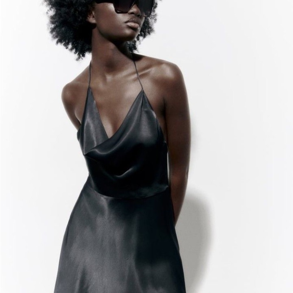 NWT ZARA Satin Effect Mini Black Halter Neck Dress Large
